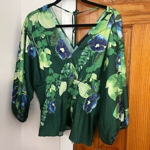White House Black Market Green and Blue Floral Blouse